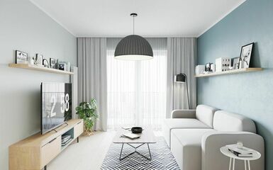 43 m2-es lakótelepi lakás barátságos és egyszerű lakberendezéssel, világoskék konyhabútorral