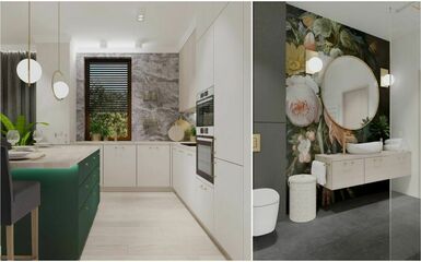 Kétszintes családi ház modern terekkel, zöld konyhaszigettel és nagy fürdőszobával