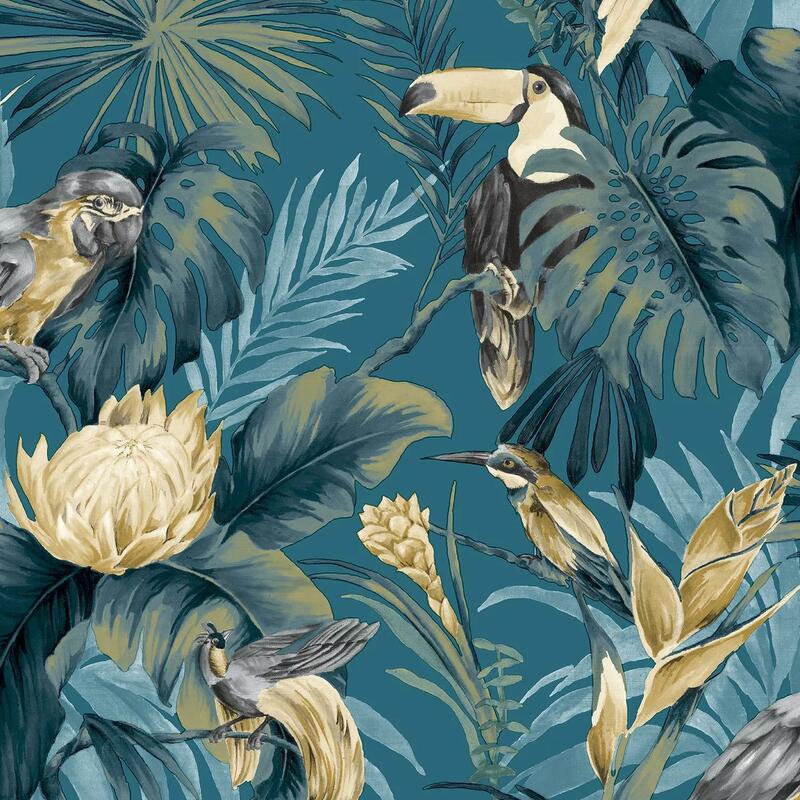 Kék dzsungel mintás trendi vlies design tapéta papagáj és tukán mintával