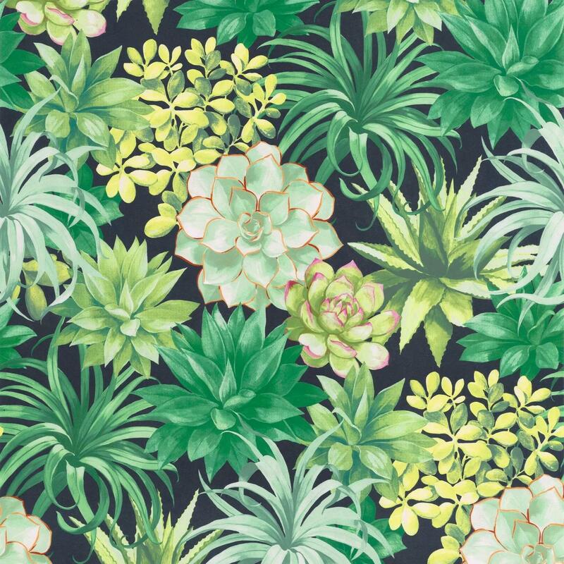 zöld levélmintás botanikus design tapéta kőrózsa mintával