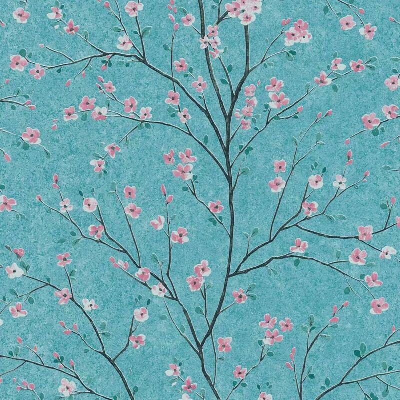 Türkiz orientális japán stílusú cseresznyevirág mintás tapéta
