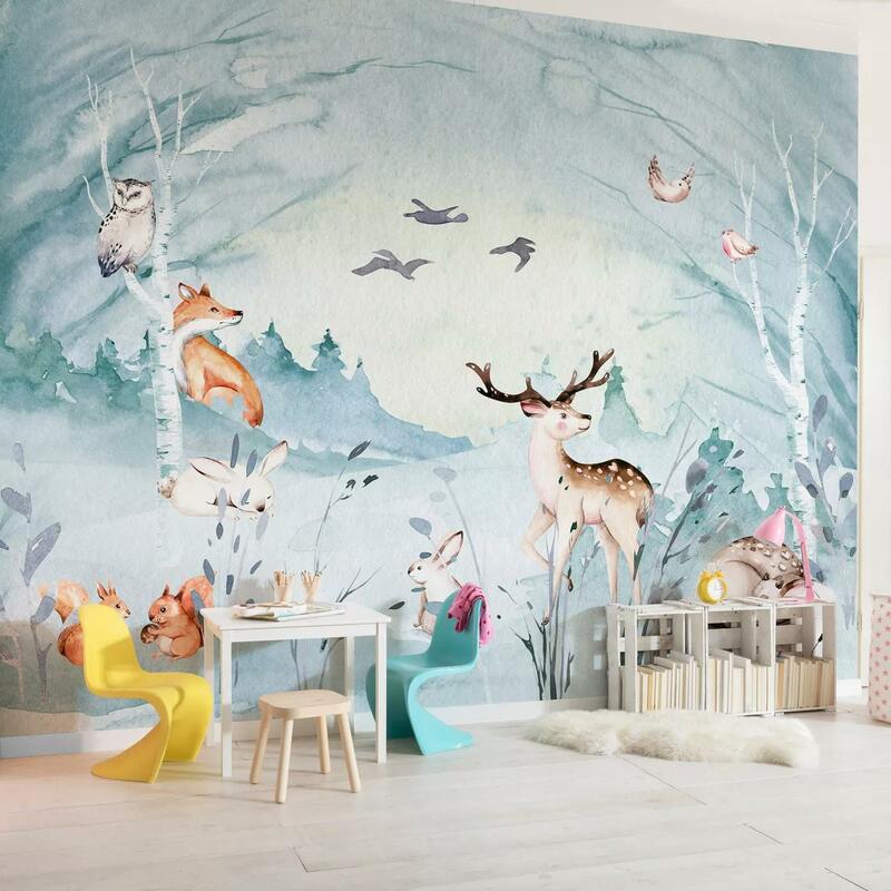 Akvarell stílusú erdei állatmintás vlies fali poszter gyerekszobába