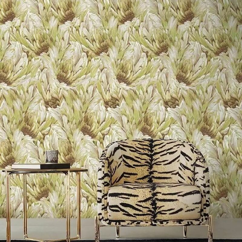 Elegáns zöld toll mintás dupla széles Roberto Cavalli design tapéta