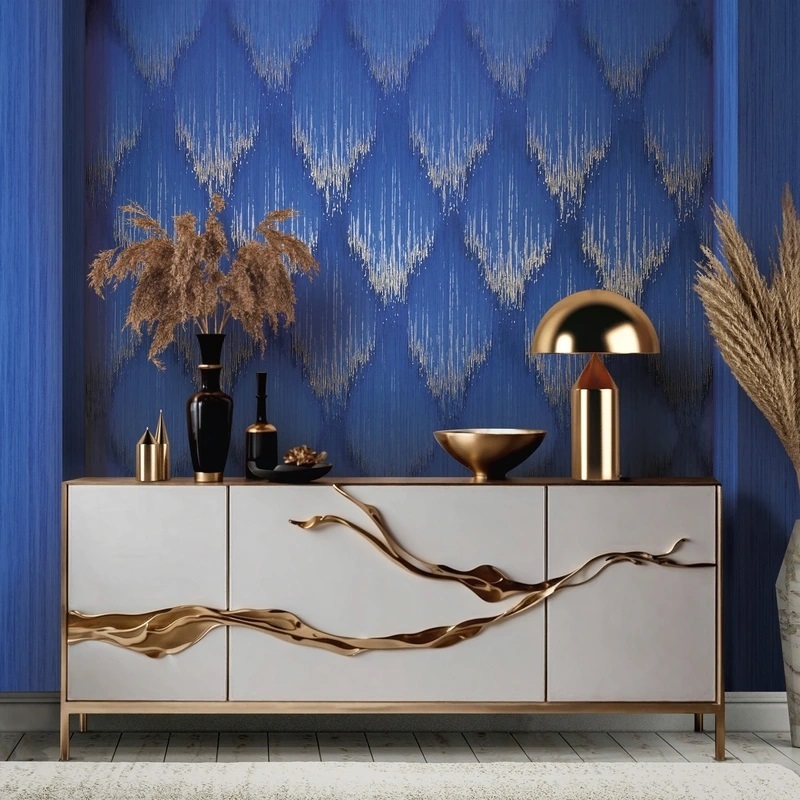 Exklúzív design tapéta indigókék arany geometrikus mintával