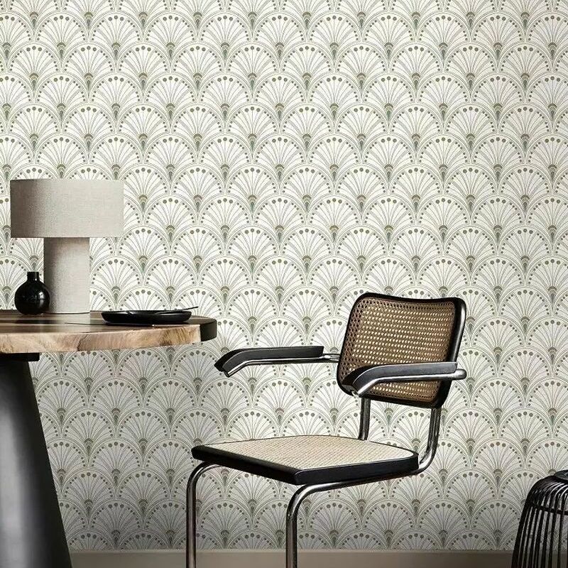 Design tapéta art deco mintával törtfehér arany zöld színekkel