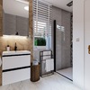 Fekete-fehér és fa fürdőszoba design